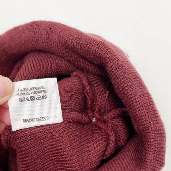 Victorias Secret PINK Burgundy Red White Pom Pom Beanie Hat Foldover Winter Cozy - Picture 7 of 7